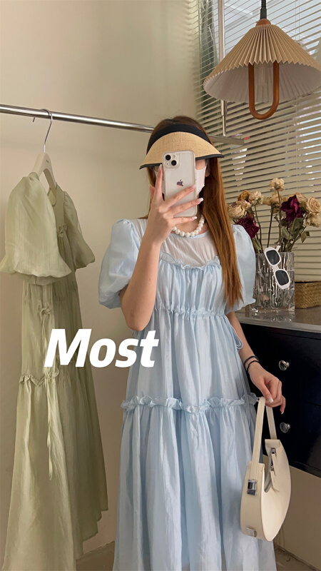 [most] simple bubble sleeve solid dress 97059# zjy