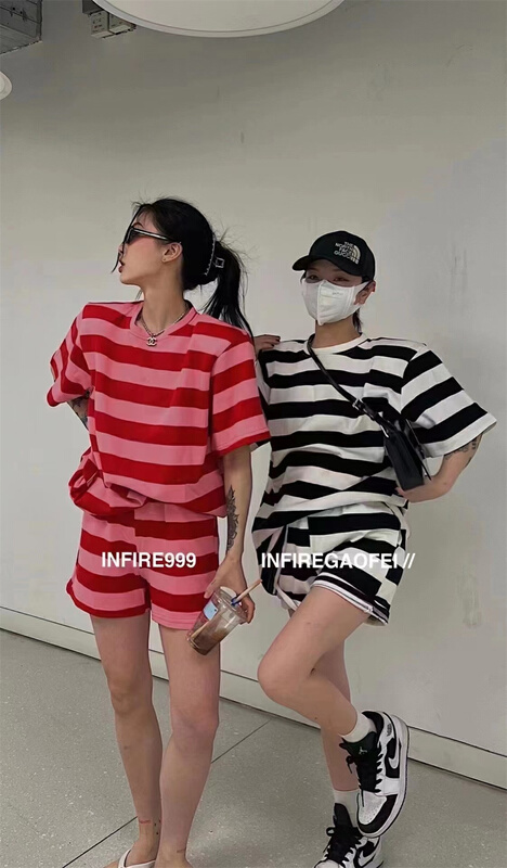 New in early summer! [Amy] round neck loose short sleeve + striped casual pants set ys1-8112# WTT
