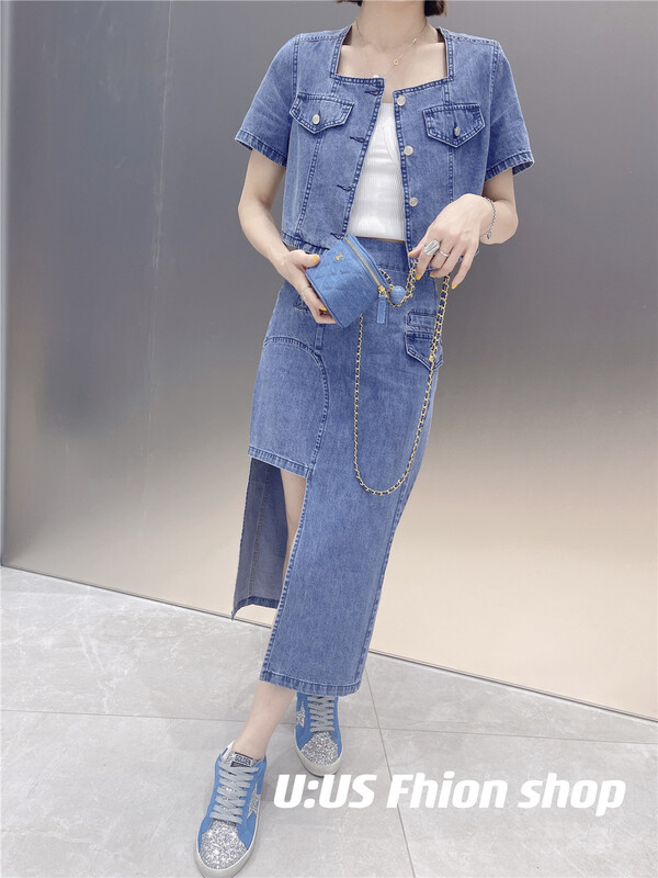 [UUS] Korean version square neck denim shirt + high waist split skirt suit 222229# zyh