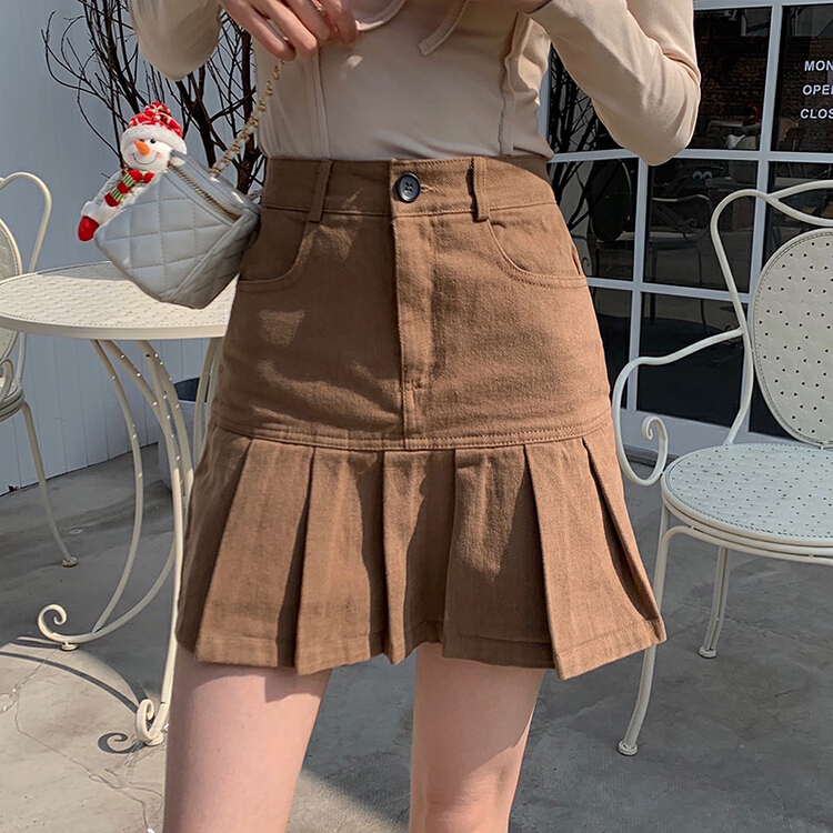 goods in stock! New year in early spring! [K.M] high waist and thin pleated A-line buttock denim skirt 5755# ZSY