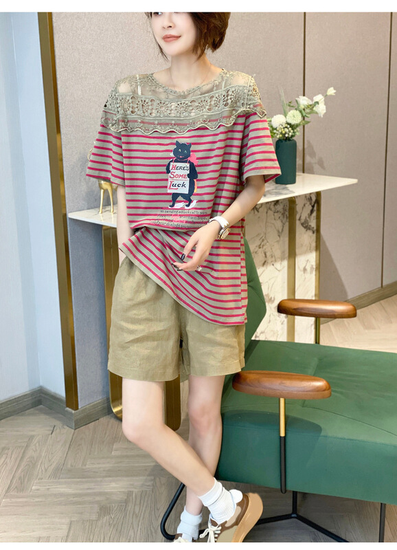 [dodo] stripe stitching design Vintage short sleeve T-shirt 8965-1# LSL
