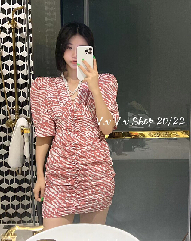goods in stock! [v.v] temperament print pleated bubble sleeve slim dress 8703# cqw