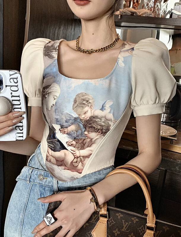 New in early summer! [AC] fashion retro oil painting irregular short sleeve T-shirt 6822# JJ