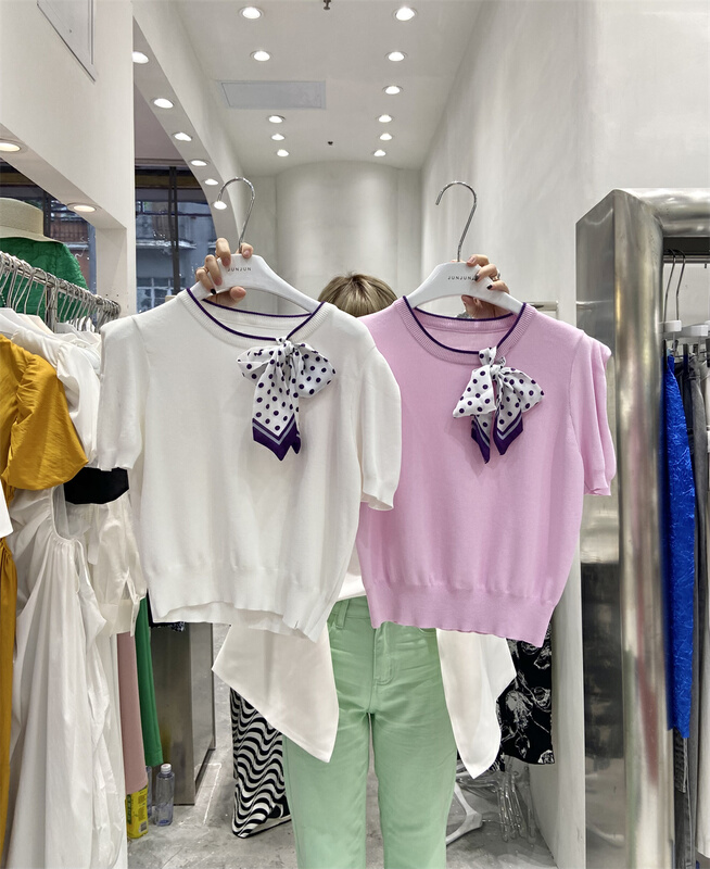 [Jun Jun] simple temperament slim fit contrast collar sweater (with ribbon) 9008# CLS