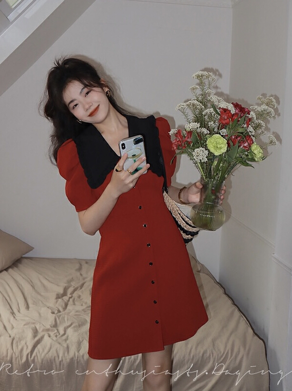 [smile baby] retro contrast V-neck doll neck dress b3086# WPL