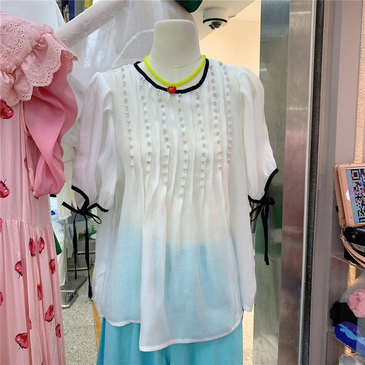 [A Mei Mei] pearl color matching collar fashion short sleeve T-shirt 22021# PCZ