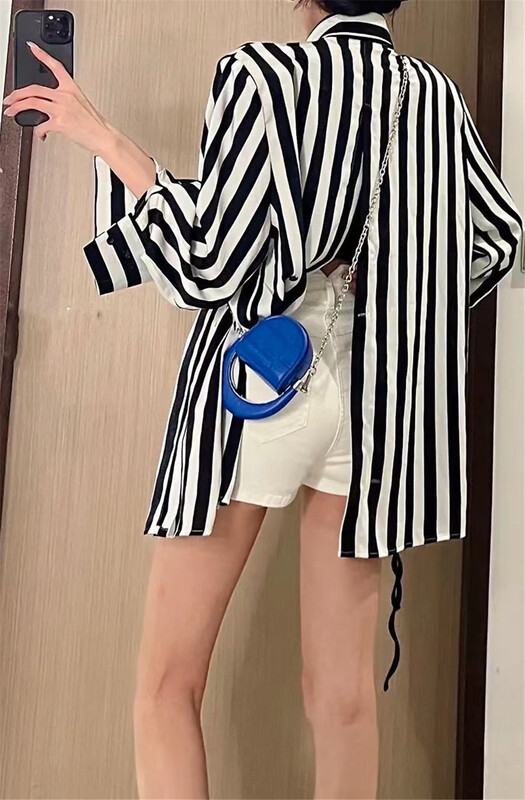 [semi plain] Korean black and white color contrast long sleeve shirt 375\zjy