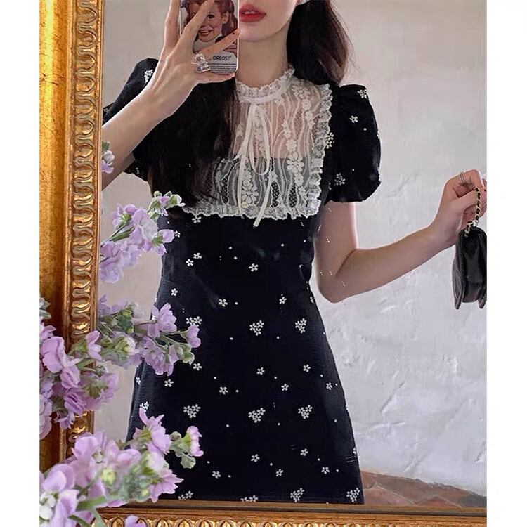[L.L studio] lace stitched Retro Tea Break floral dress 77119\pcz