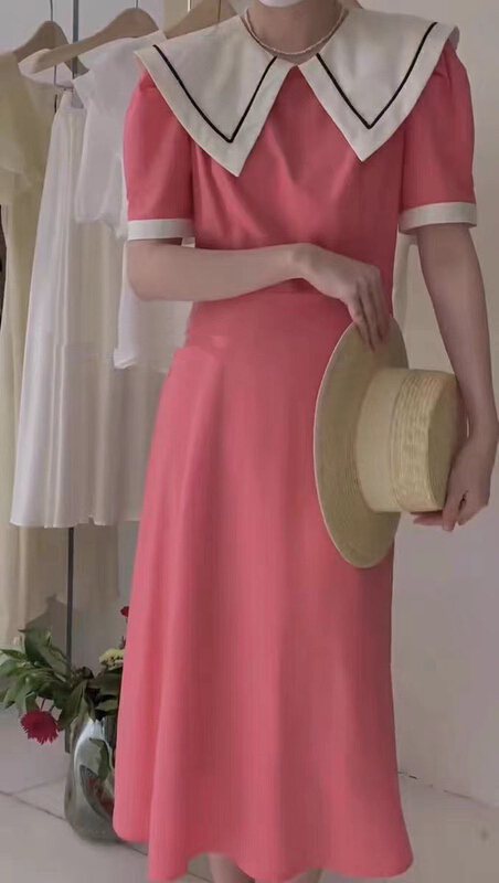 [RS] contrast bright line doll neck dress dh1092# XYY