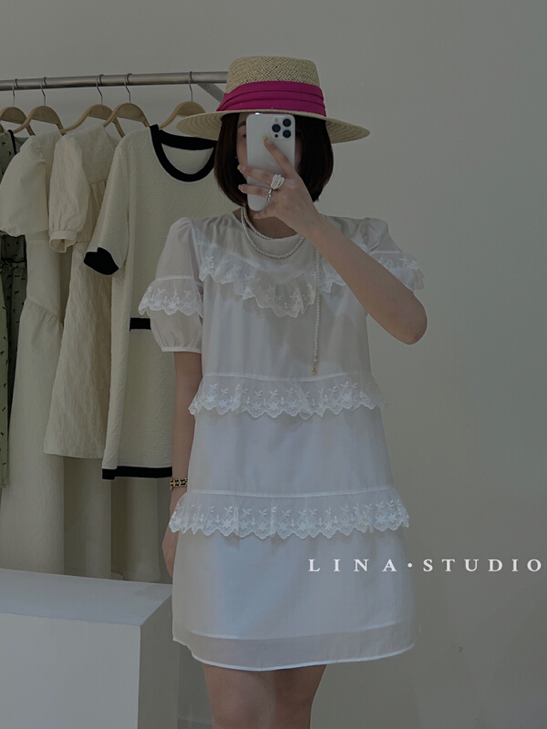 goods in stock! New in early summer! [Lina] round neck lace stitching loose bubble sleeve dress (dress only) 0117# hjy