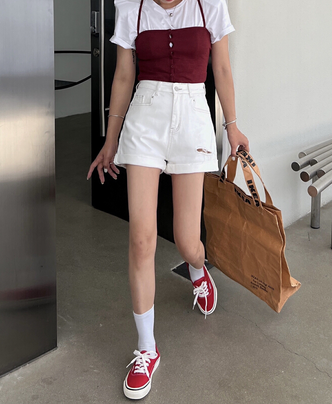 New in early summer! [hakie] elastic hole showing thin denim shorts (without belt) 9969# ozq