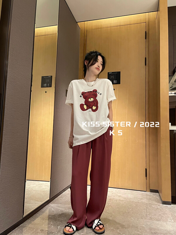 [kiss sister] Korean bear print loose short sleeve T-shirt 9169# ozq