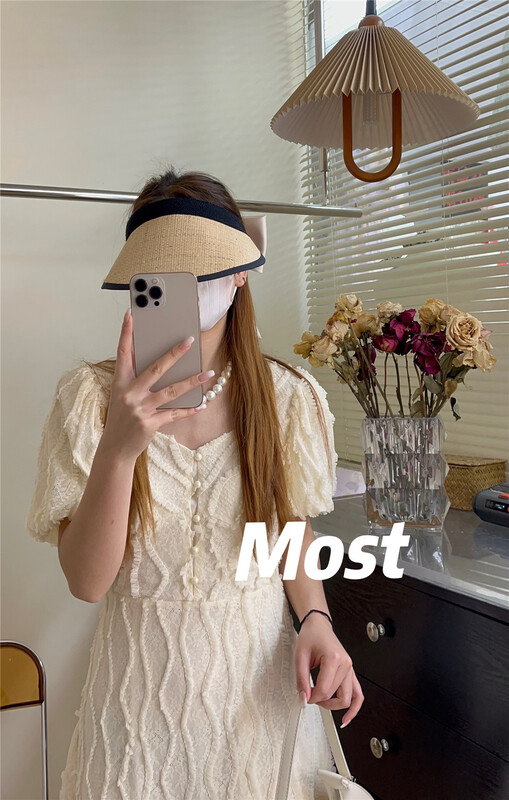 [most] French V-neck bubble sleeve waist closing dress 97095# zjy