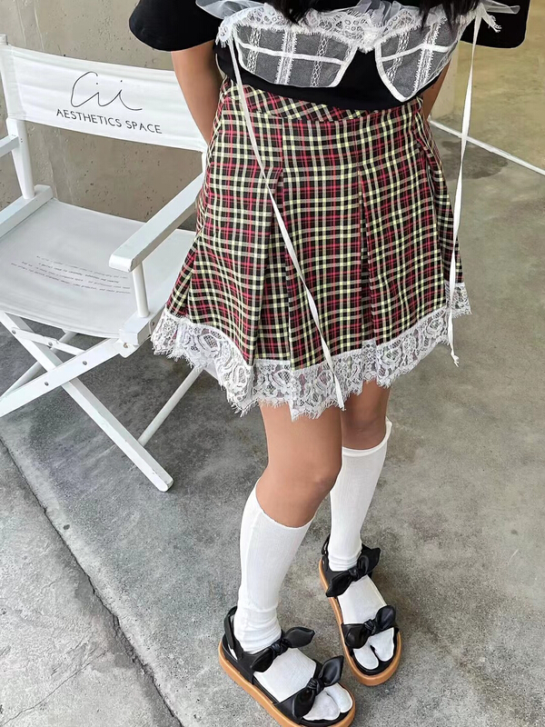 Original price 59.78! New in early summer! [Dore] lace Plaid pleated skirt 1176# zxx