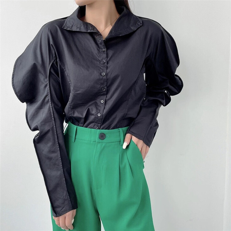 [meet] puff sleeve pleated shirt 7097# ozq