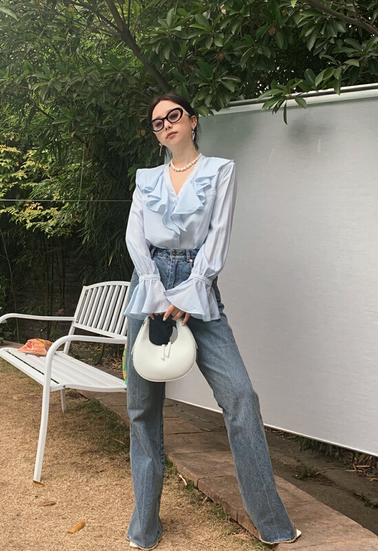 初夏上新!【CB】醋酸系扣百搭荷葉邊襯衫  9518#  JJ