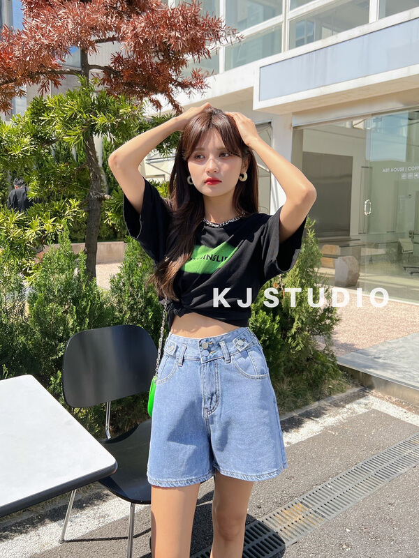 [kJ] high waist Hong Kong flavor chic double button A-line denim shorts 2836# zxl
