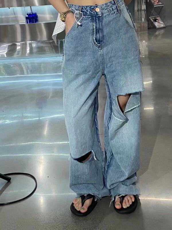[Zia] pierced high waist comfortable jeans 56905# hyy