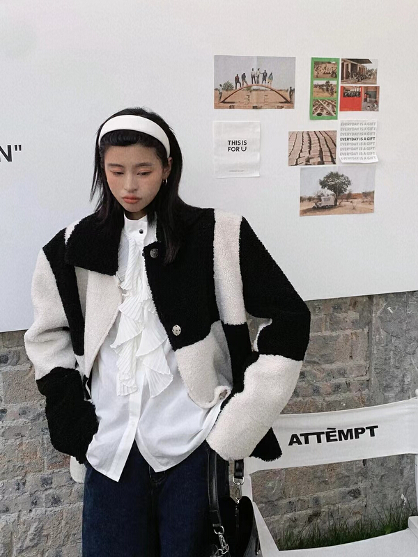 Early winter NEW! [Dore Dore] Korean checkerboard color matching short coat 1030# zxx