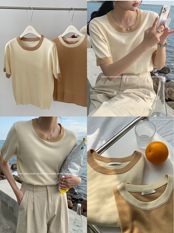 New year in early spring! [Kittin] crew neck contrast Pullover Sweater 101# L