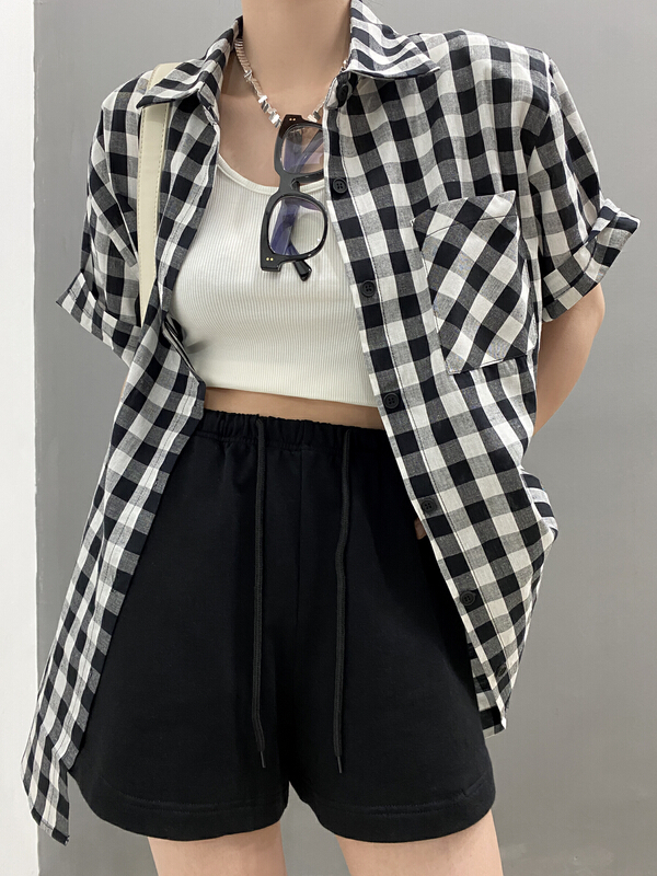 [b.boom] back split Plaid short sleeve shirt 2727# ozq