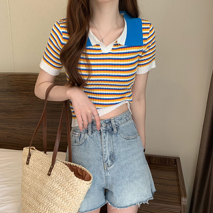 [f · P] design sense short ploo collar Rainbow Stripe short sleeve T-shirt 29022# HBx