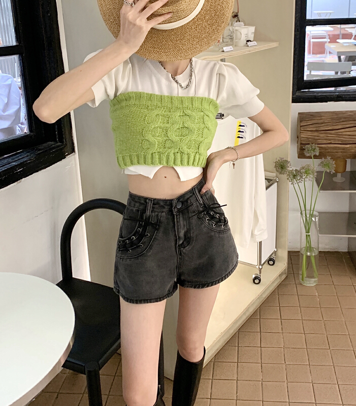 New in early summer! [ten. 10] Korean chic personalized bandage Wide Leg Denim Shorts a3077# WPL