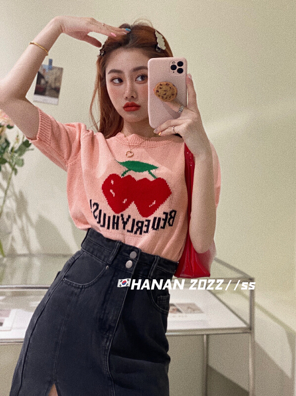 New in early summer! [Hanan] Korean versatile loose large cherry letter sweater ys1-6155# LSL