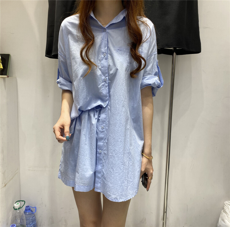 [bestie] Korean version simple loose short sleeve shirt + elastic waist casual Shorts Set 1368# hjy