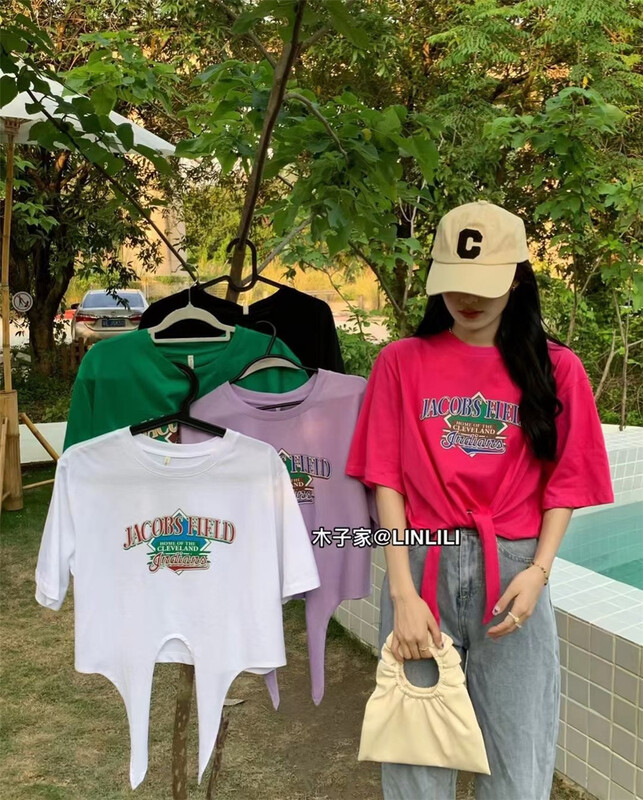 [Muzi family] Korean round neck letter bandage short sleeve T-shirt 66953# XYY