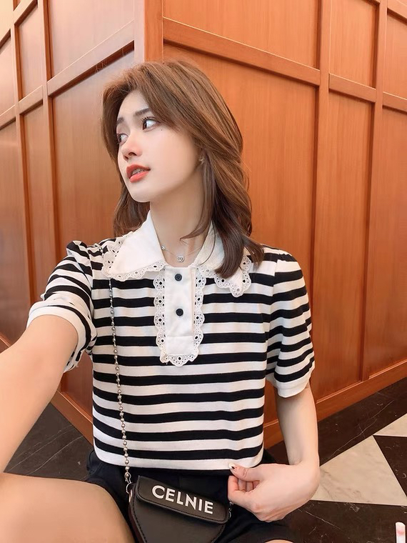 [Kiki studio] cool and breathable stripe short sleeve sweater 5919# hjy