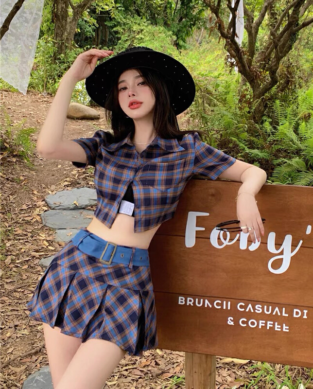 [jun.t] Vintage sweet spicy plaid shirt + pleated skirt two piece suit (with waist rope) 5915# PCZ