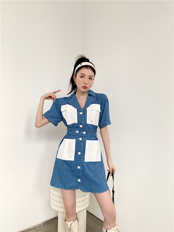[AC] cool tooling wind waist closing denim dress (with waist rope) 6867# JJ