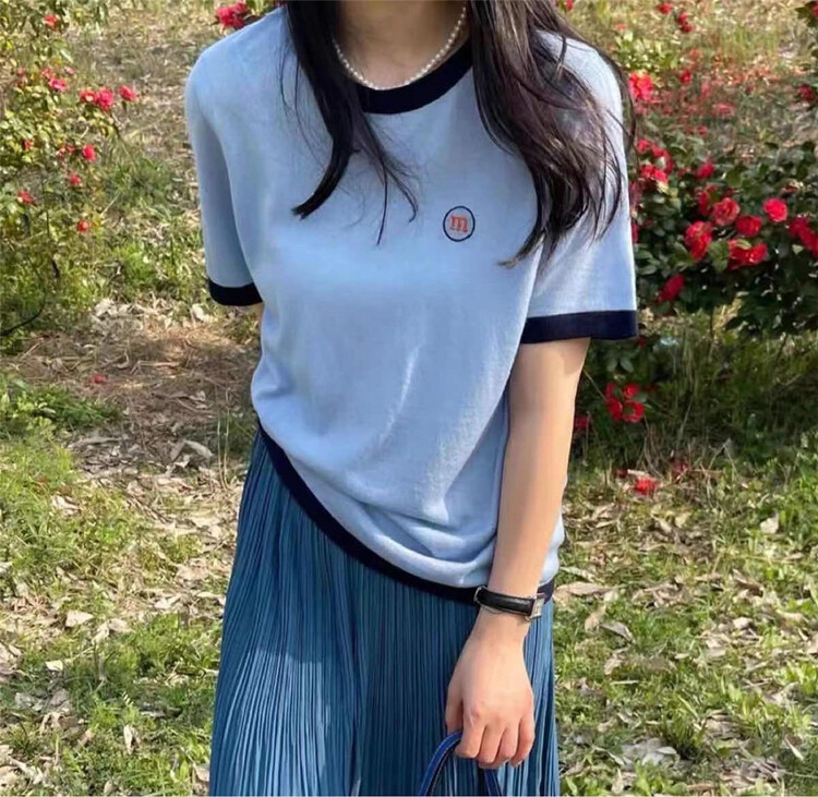 goods in stock! New in early summer! [Susan] letter embroidery color contrast collar short sleeve T-shirt s6005# LSW