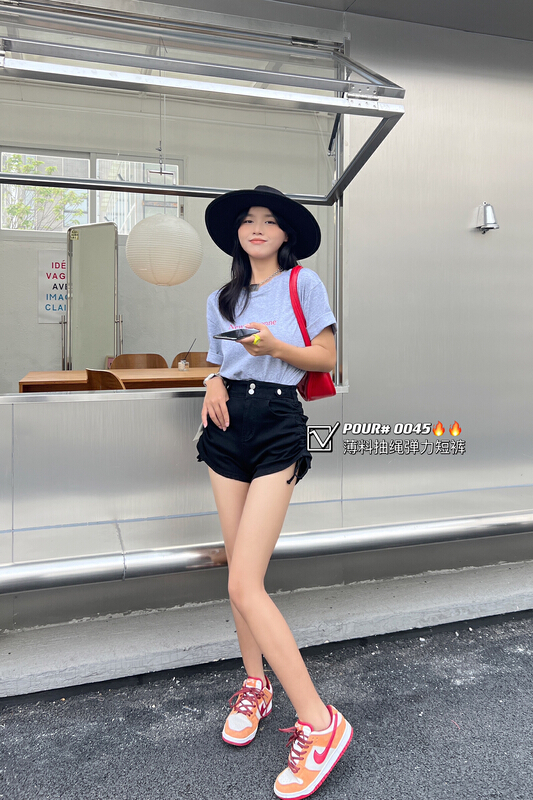 New in early summer! [pour one] double button drawcord fashion slim denim shorts p0045# L