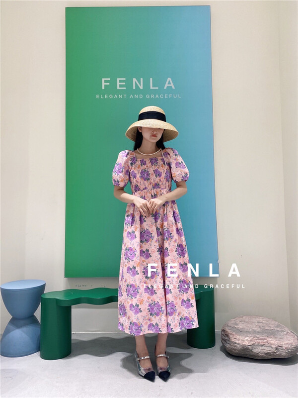 [fenla] square neck floral bubble sleeve dress 5803# WPL
