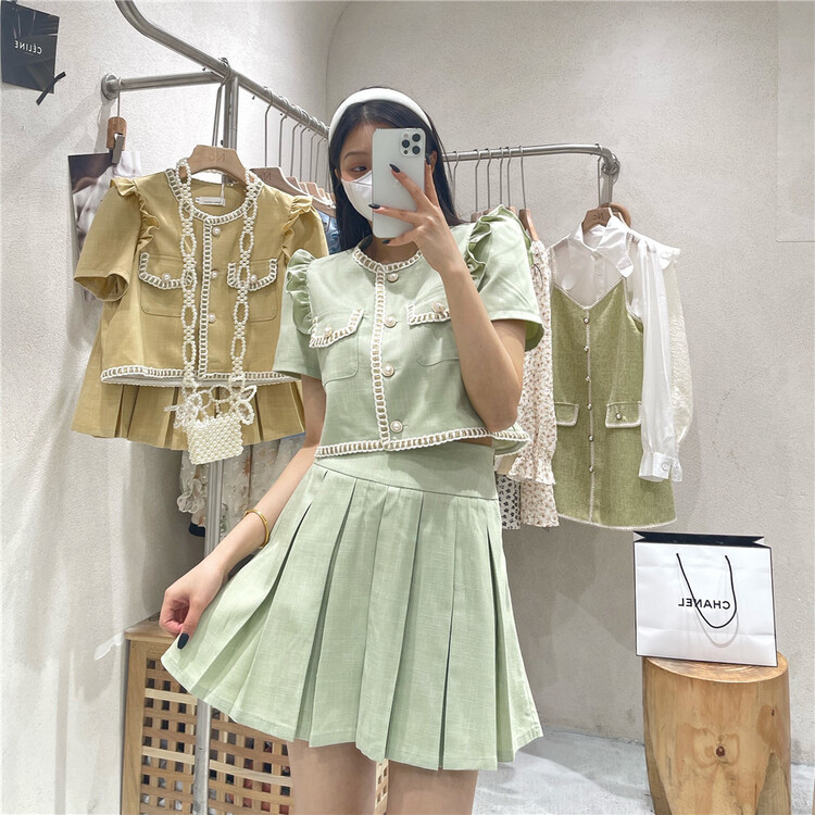 [NC edition] small fragrance Style Bubble Sleeve Blouse + crimp age reduction skirt set z2356# zxx
