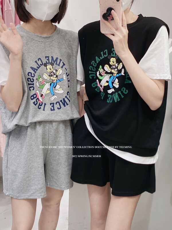 [teem ing] ins fake two-piece vest short sleeve + loose Shorts Set 22t233# hjy