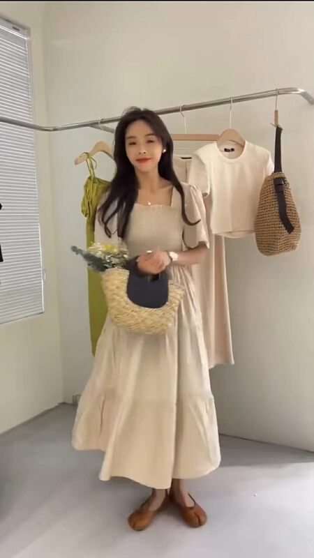 [mi ni] square neckline with rubber band temperament and slim dress (dress only) 1097# PCZ