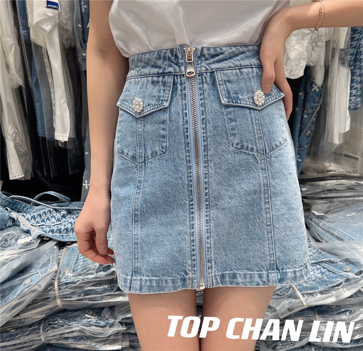 [top Chan Lin] Korean zipper design shows thin denim skirt 95157# cqw