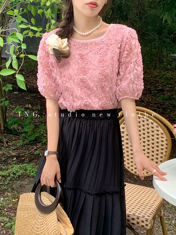 [ing] slim and versatile three-dimensional flower bubble sleeve shirt 7778# HBx