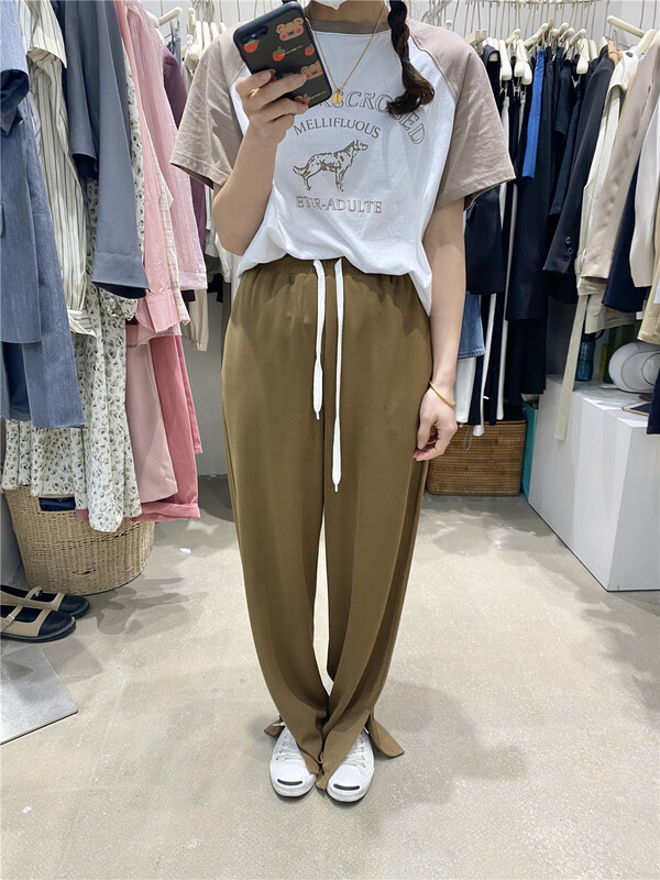 New in early summer! [moo Le] simple and versatile straight tube color contrast lace up casual pants 22101# CLS