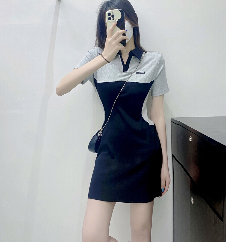 [BL Bertie Leah] fashion Polo neck slim fitting short sleeve dress 23370# XYJ