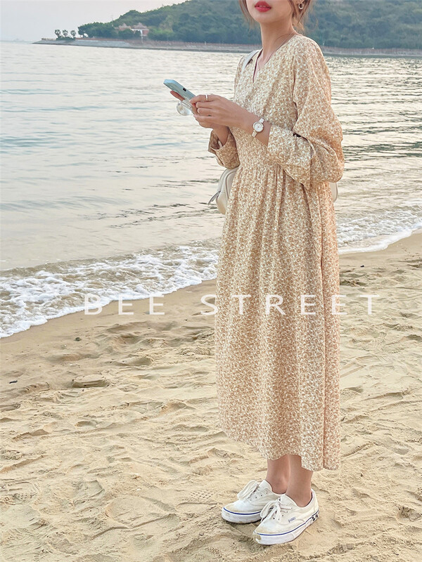 [bee Street] Korean V-neck floral dress ys1-w9089# jhy