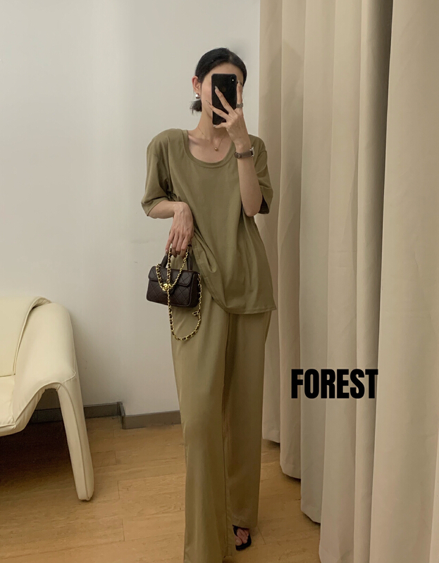 goods in stock! [forest] U-neck versatile lazy short sleeve T-shirt a-8073# Cl
