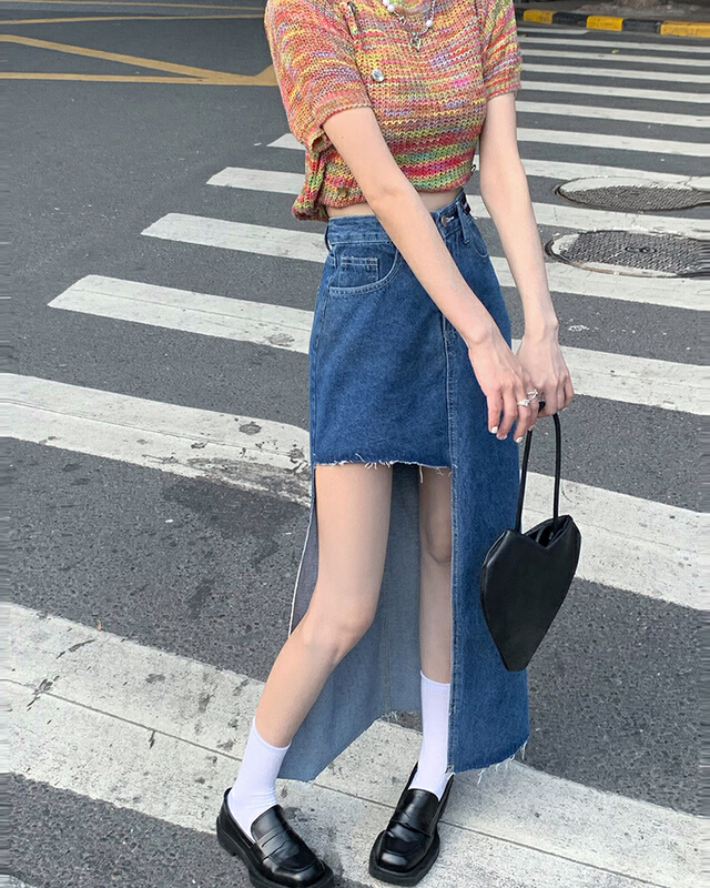 goods in stock! New in early summer! [timely rain] Han Feng ins design feeling irregular high waist thin A-shaped split skirt 52145# WPL