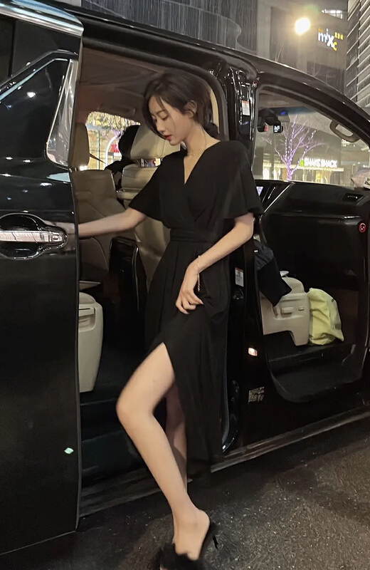 [u say] versatile Black Slim V-neck dress (without belt) ys1-1330-9# LSL