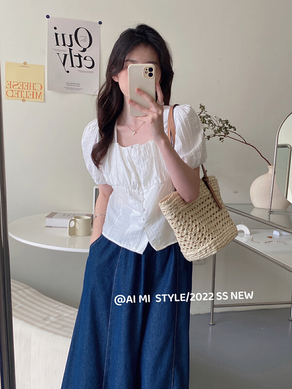 goods in stock! [aimi] Korean style square neck bubble sleeve temperament literary shirt 10723# HBx