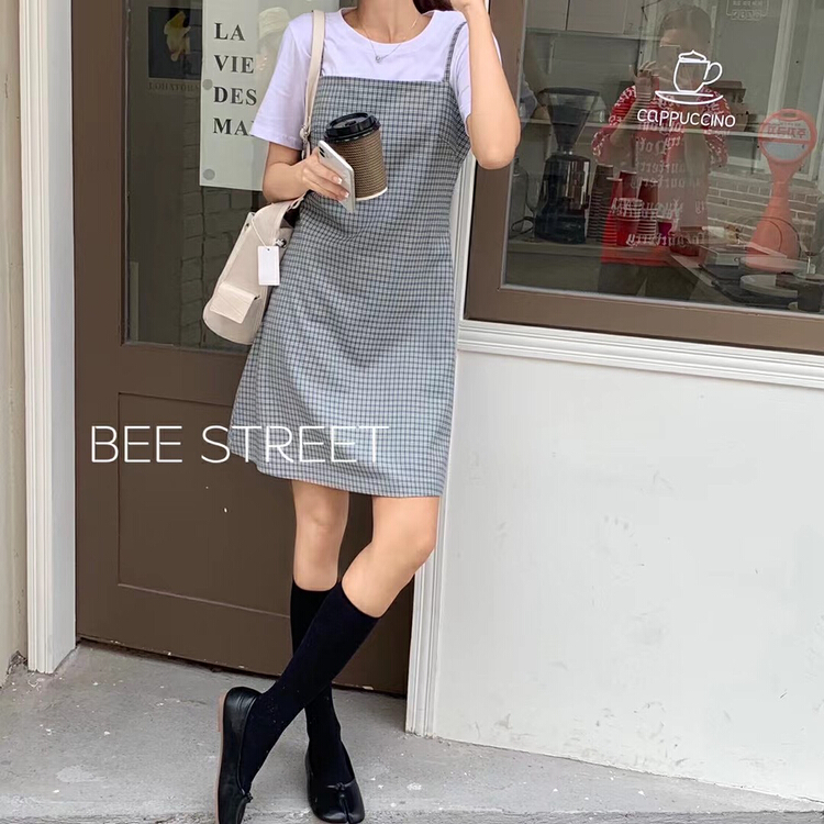New in early summer! [bee Street] Korean Plaid Pleated Dress (dress only) b206# lwy