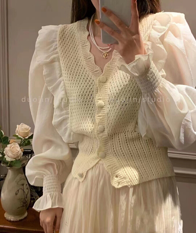 goods in stock! New year in early spring! [y.jia Yijia] ruffled bubble sleeve knitted chiffon shirt (excluding skirt) 210-1# PCZ
